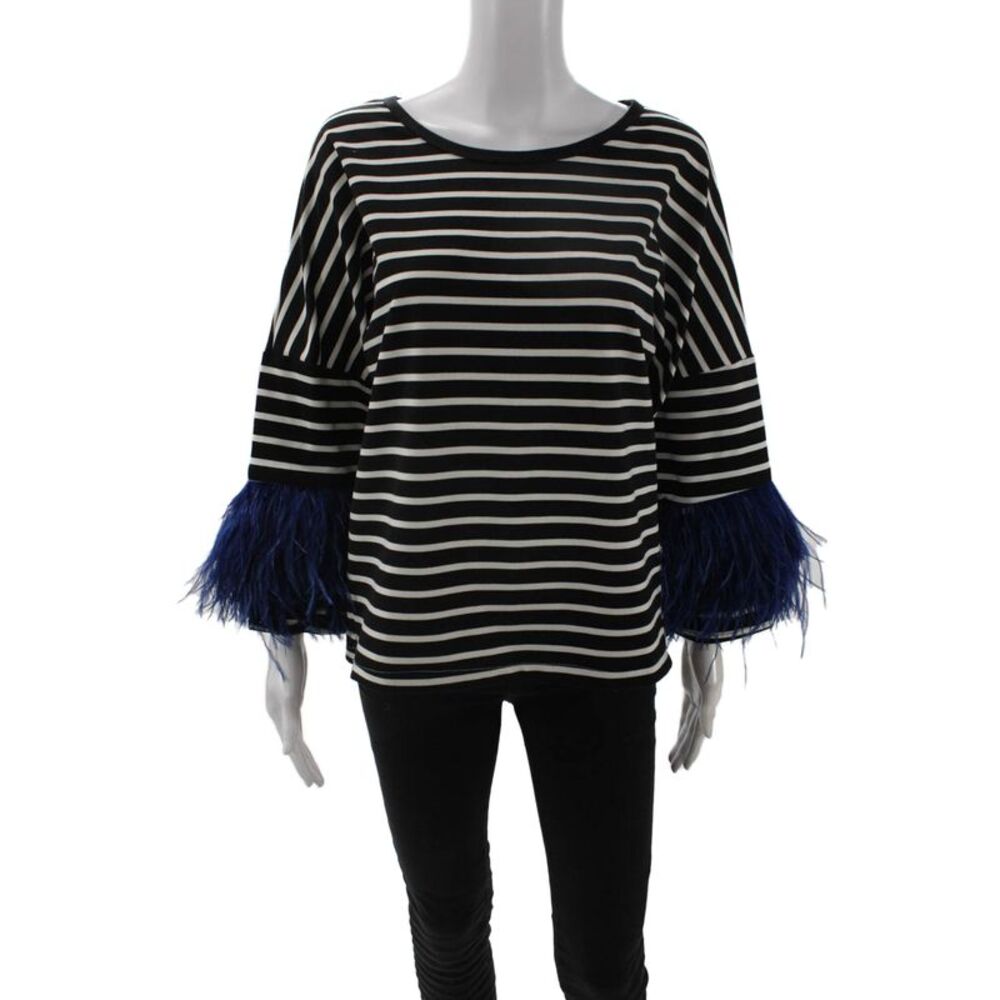 Pello Bello Women Black Striped Round Neck 3/4 Sleeve Top Size One Size